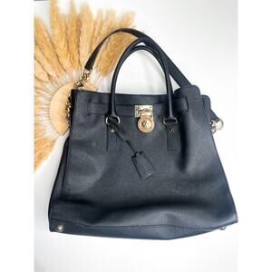 Michael Kors Hamilton Black Leather Satchel Shoulder Bag Tote Bag Gold Chain